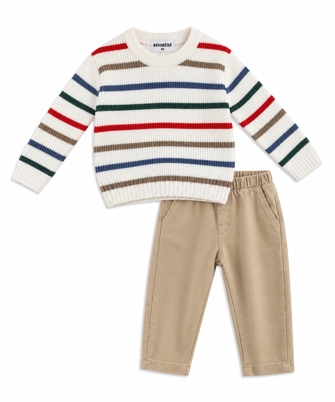 3 SET | Streepjes met shirt lange mouw beige